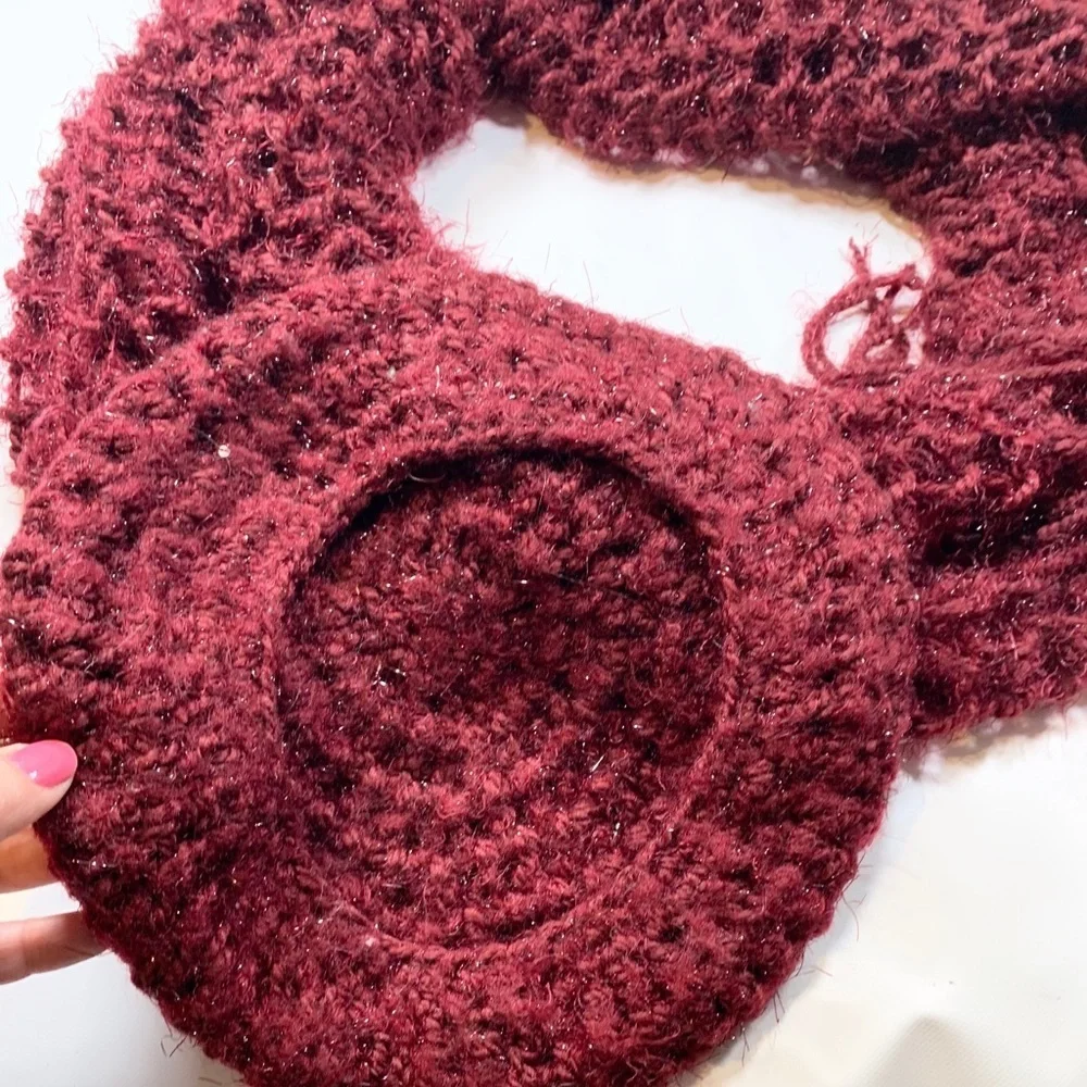 Burgundy 2 Piece Scarf Beanie French Beret Knit With Silver Shimmer Matching Set